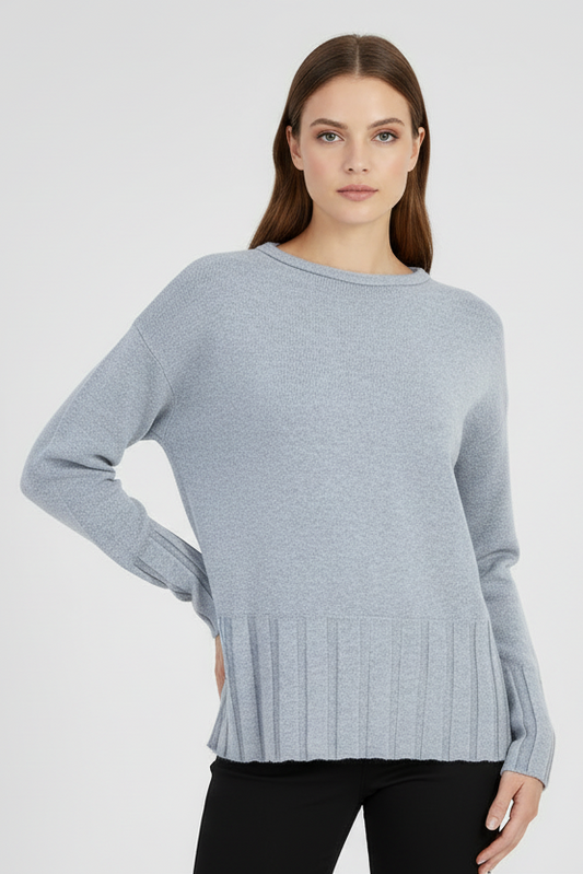 Дамски фин пуловер в светлосив меланж с рипсен подгъв - Soft Line