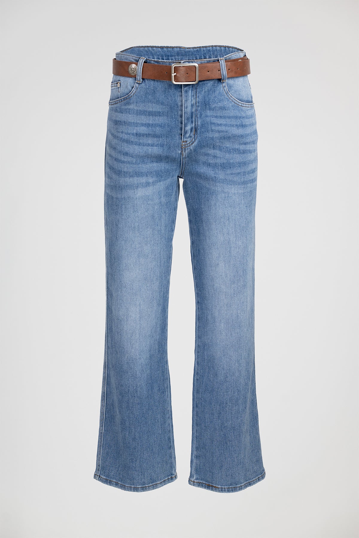 Дамски разкроени дънки с висока талия и колан - Blue Flare