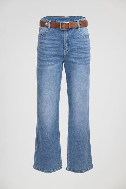 Дамски разкроени дънки с висока талия и колан - Blue Flare