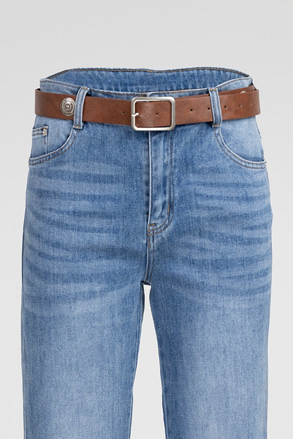 Дамски разкроени дънки с висока талия и колан - Blue Flare