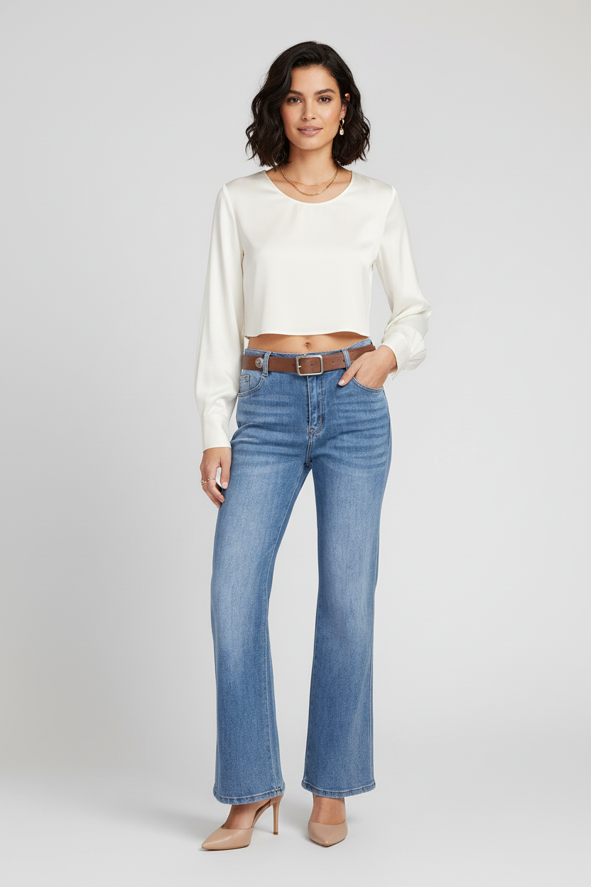 Дамски разкроени дънки с висока талия и колан - Blue Flare