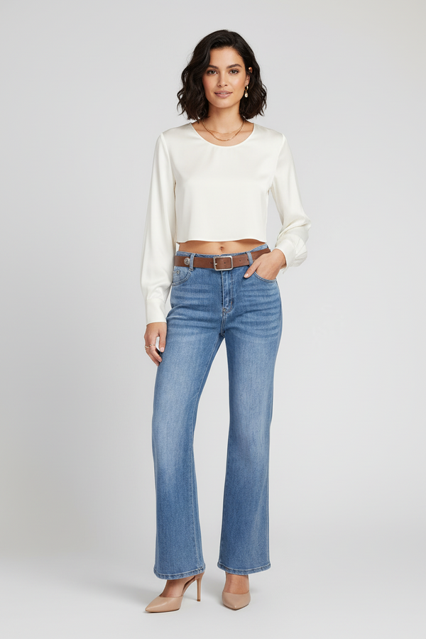 Дамски разкроени дънки с висока талия и колан - Blue Flare