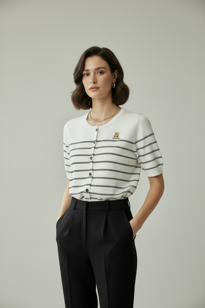 Дамска раирана жилетка с къс ръкав - Noir Riviera