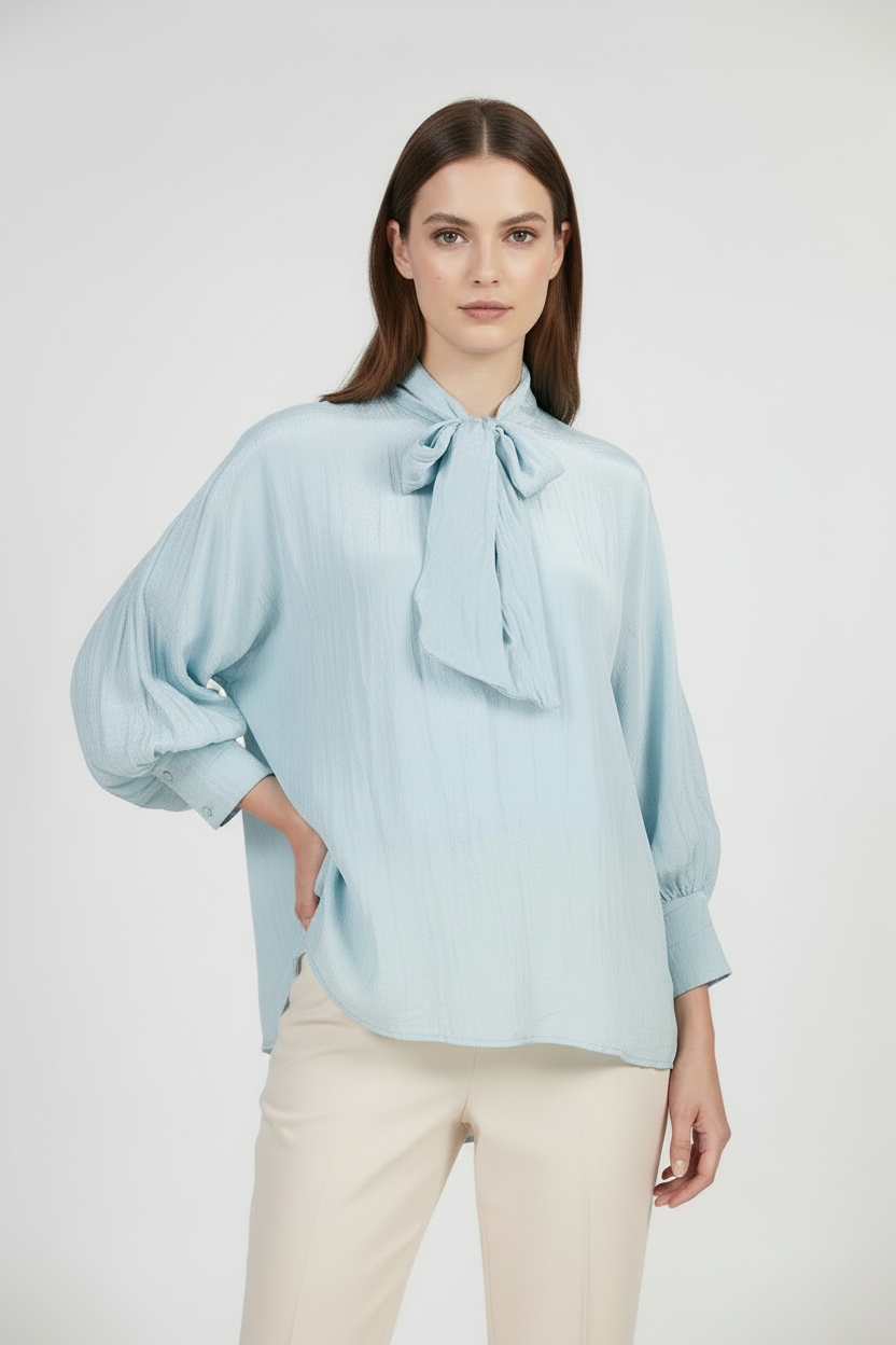 Дамска блуза с панделка на яката и прилеп ръкави – Sky Bow