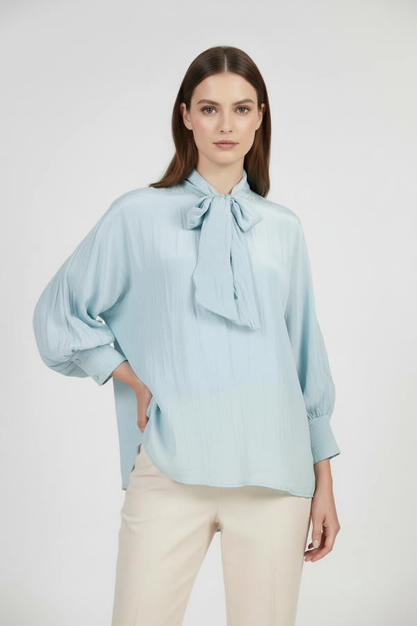 Дамска блуза с панделка на яката и прилеп ръкави – Sky Bow