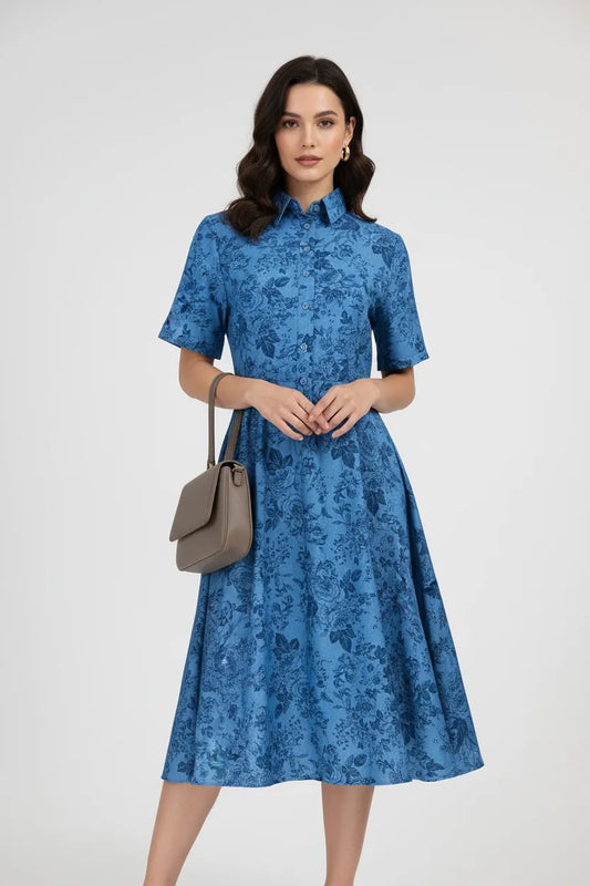 Дамска миди рокля с яка и копчета - Blue Botanica