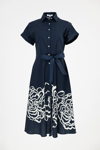 Дълга риза рокля в тъмносиньо с колан - Navy Bloom