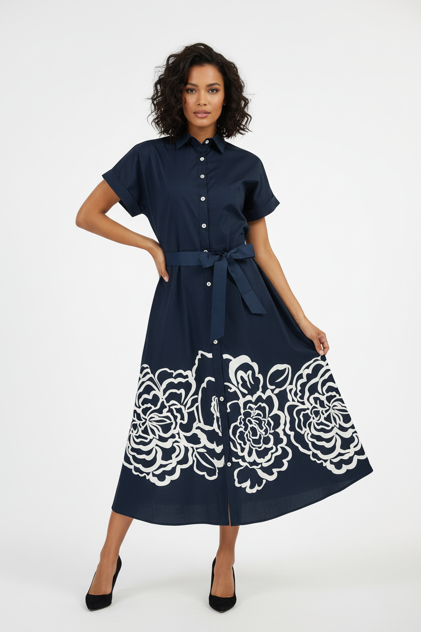 Дълга риза рокля в тъмносиньо с колан - Navy Bloom