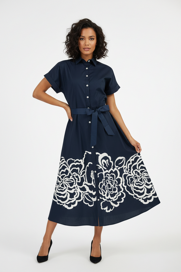 Дълга риза рокля в тъмносиньо с колан - Navy Bloom