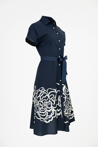 Дълга риза рокля в тъмносиньо с колан - Navy Bloom