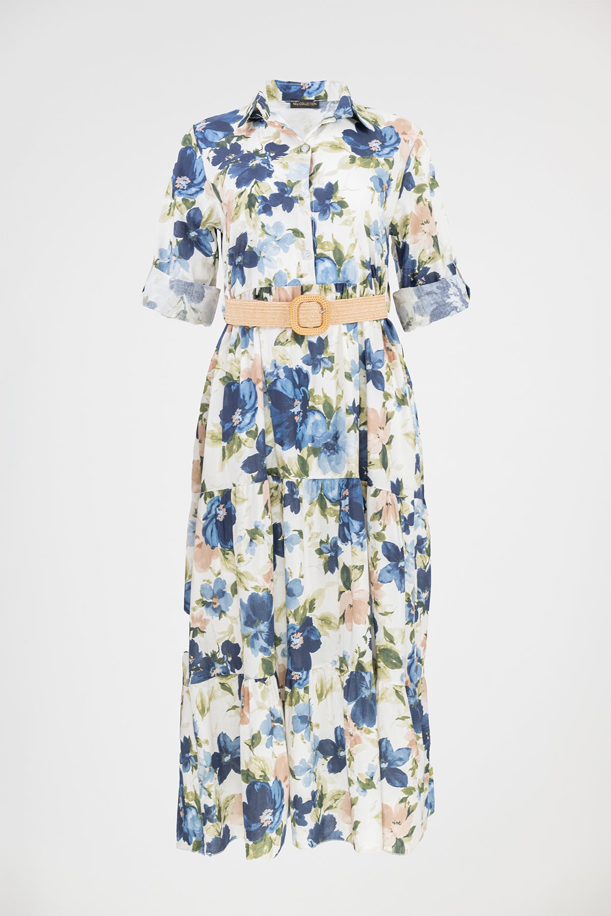 Дълга рокля тип риза с флорален принт - Blue Garden