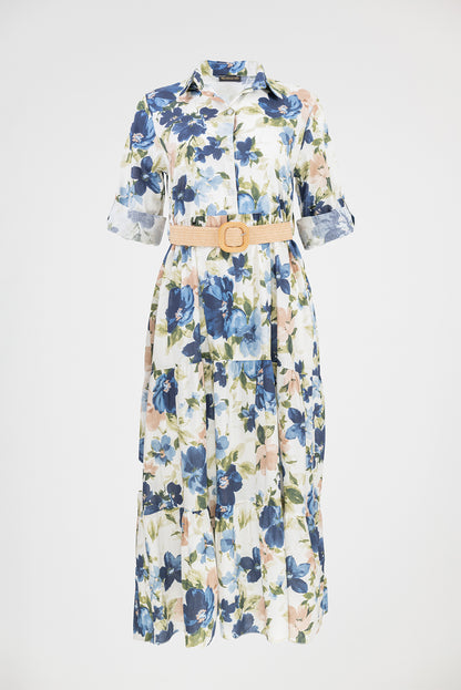 Дълга рокля тип риза с флорален принт - Blue Garden