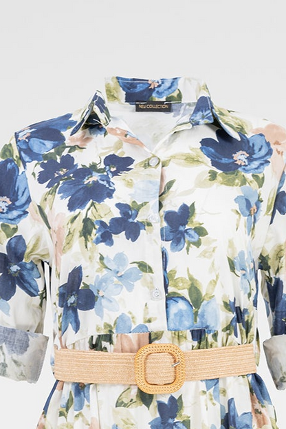 Дълга рокля тип риза с флорален принт - Blue Garden