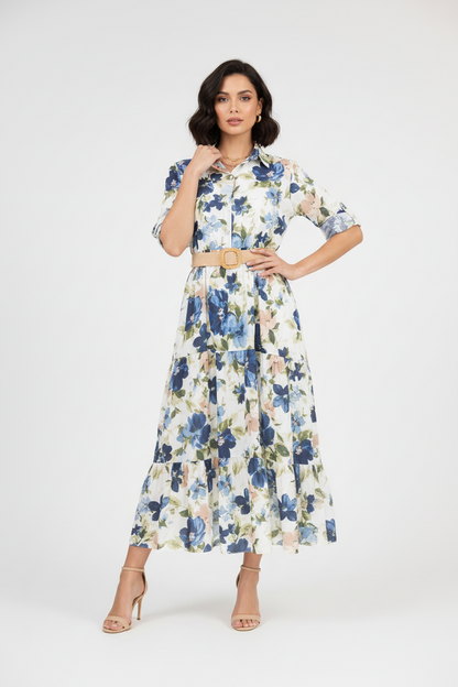 Дълга рокля тип риза с флорален принт - Blue Garden