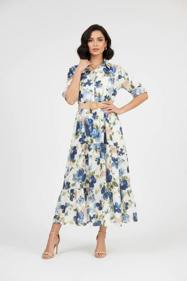 Дълга рокля тип риза с флорален принт - Blue Garden