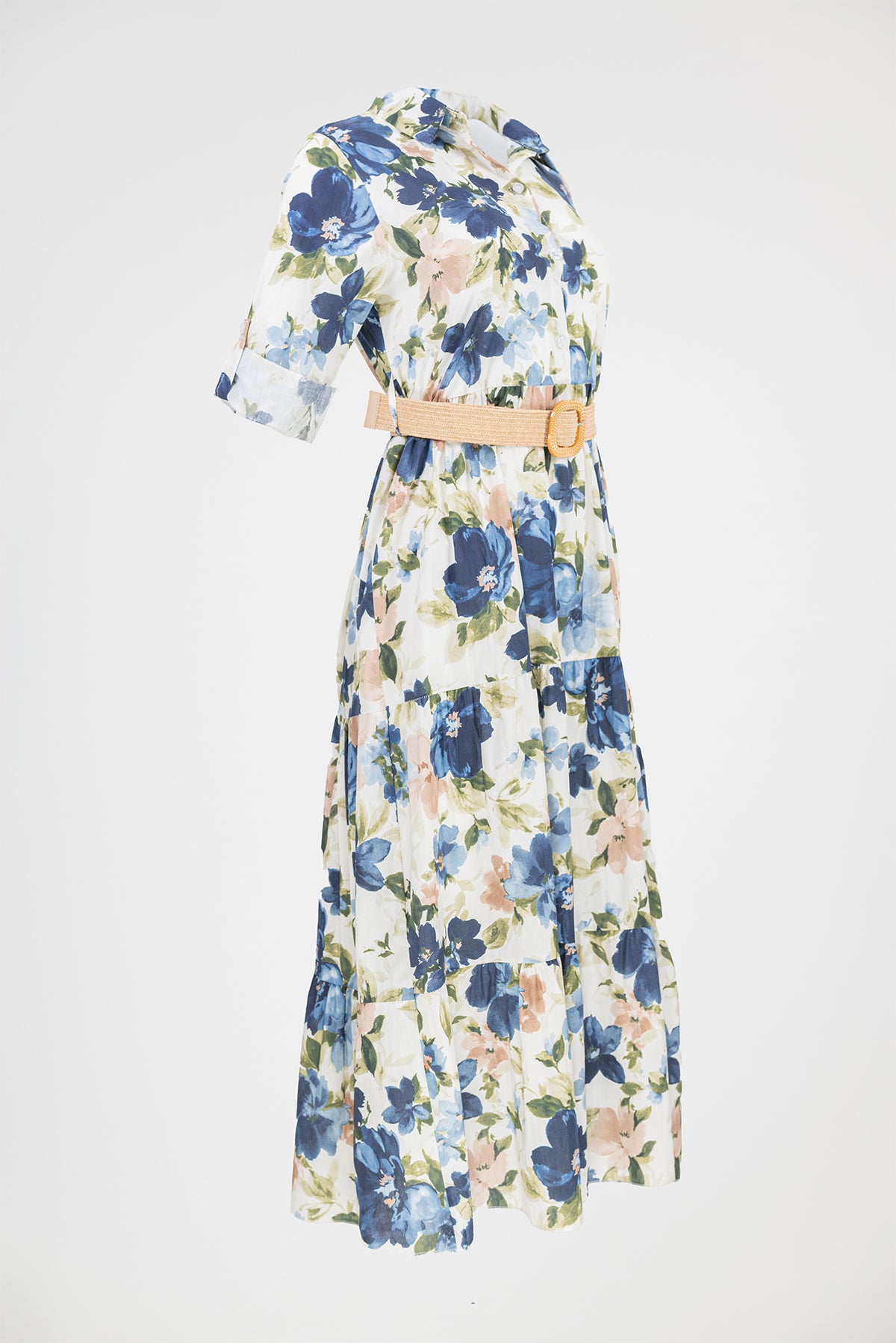 Дълга рокля тип риза с флорален принт - Blue Garden
