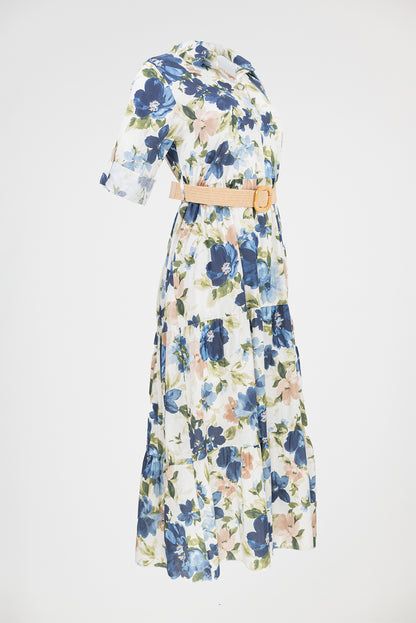 Дълга рокля тип риза с флорален принт - Blue Garden
