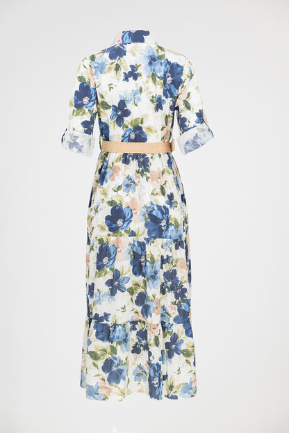 Дълга рокля тип риза с флорален принт - Blue Garden