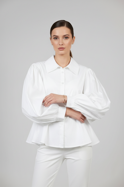 Дамска бяла риза с буфан ръкави - Silky White