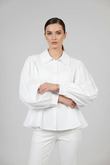 Дамска бяла риза с буфан ръкави - Silky White