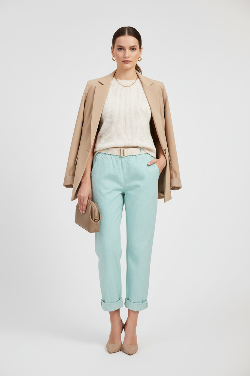 Дамски джинси в цвят мента с колан – Mint Breeze