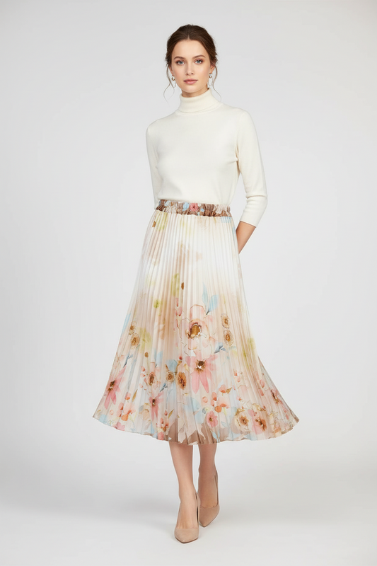 Дълга сатенена плисе пола с акварелен принт - Pastel Muse
