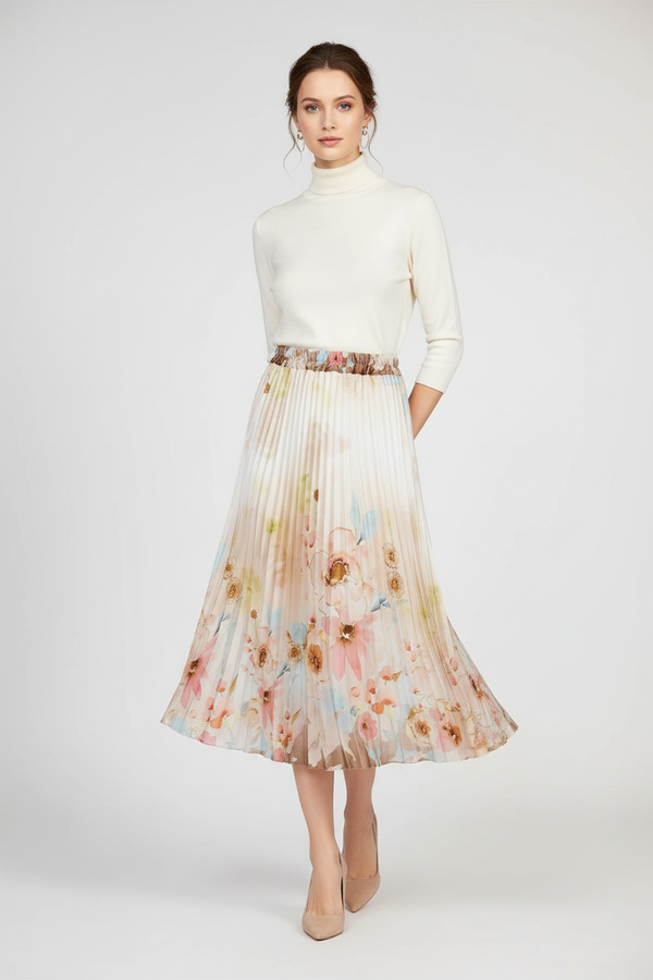 Дълга сатенена плисе пола с акварелен принт - Pastel Muse