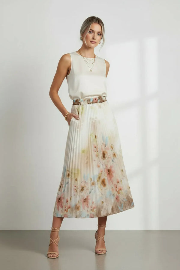 Дълга сатенена плисе пола с акварелен принт - Pastel Muse