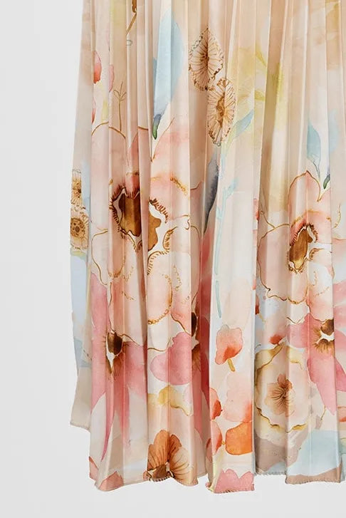 Дълга сатенена плисе пола с акварелен принт - Pastel Muse