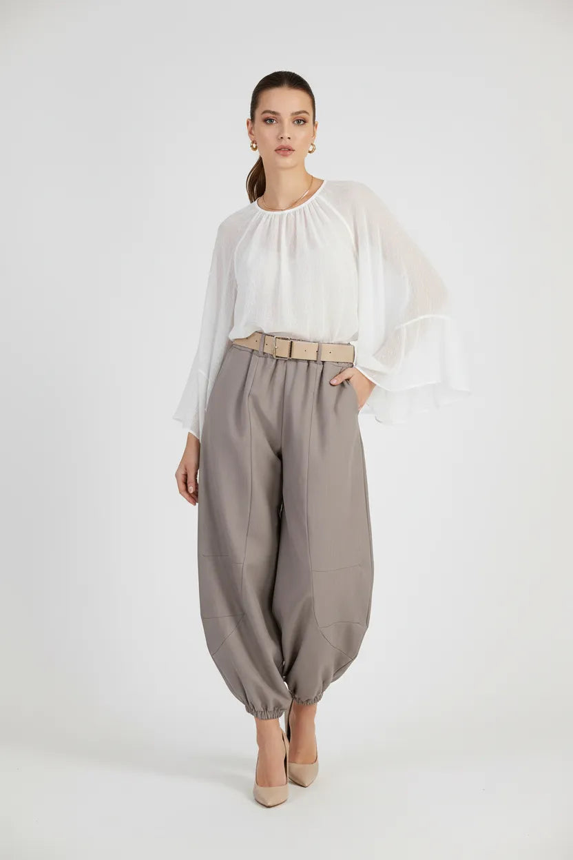 Дамски панталон тип харем с колан - Cappuccino Puff