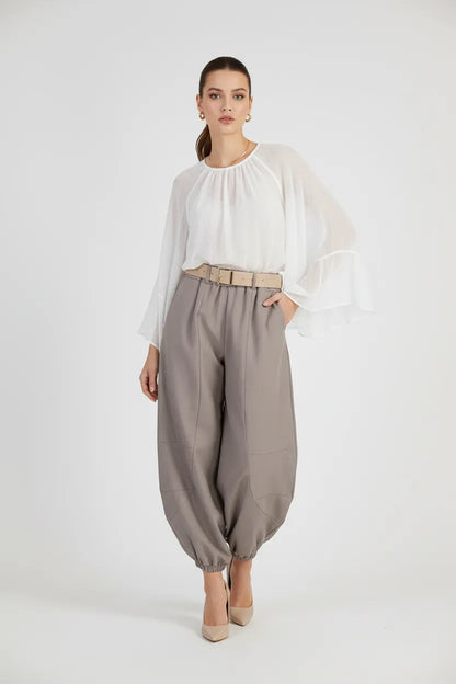 Дамски панталон тип харем с колан - Cappuccino Puff