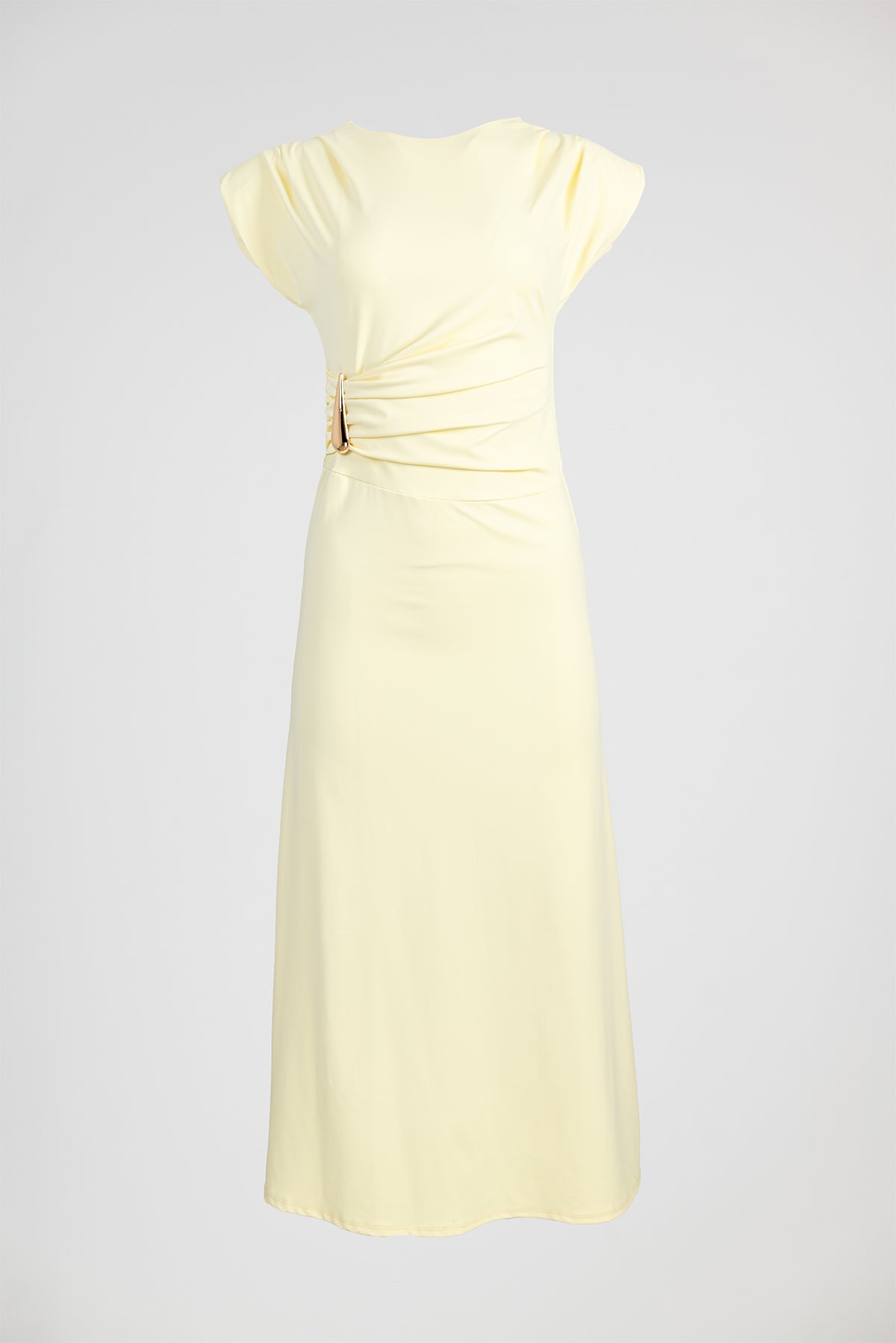Дълга жълта рокля с драпирана талия и метален акцент - Sun Veil