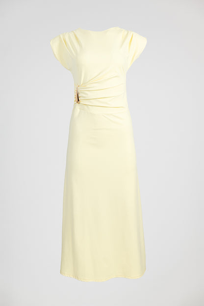 Дълга жълта рокля с драпирана талия и метален акцент - Sun Veil