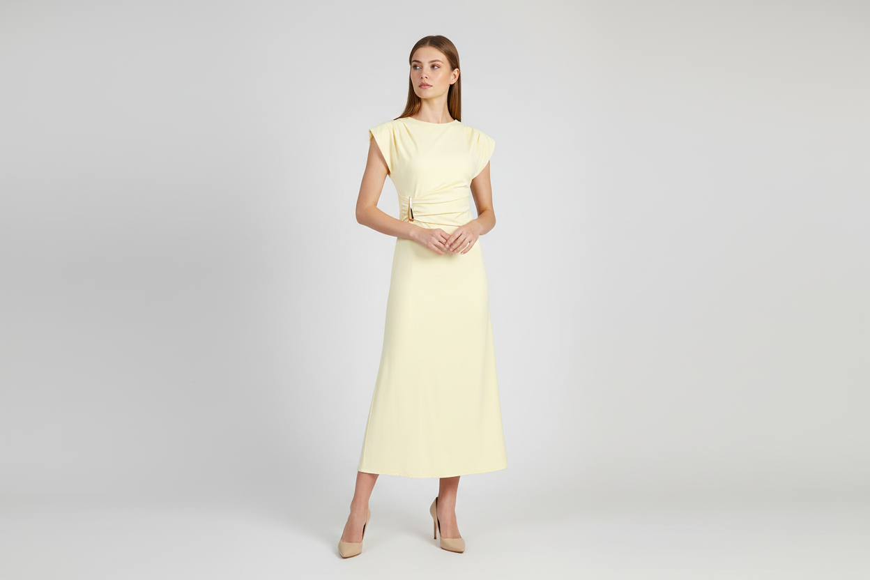 Дълга жълта рокля с драпирана талия и метален акцент - Sun Veil