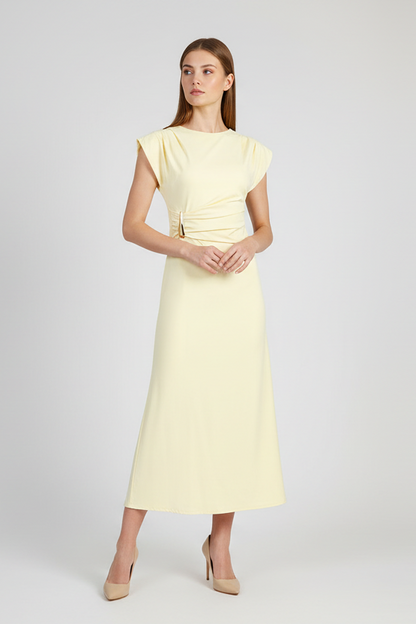 Дълга жълта рокля с драпирана талия и метален акцент - Sun Veil
