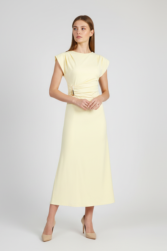Дълга жълта рокля с драпирана талия и метален акцент - Sun Veil