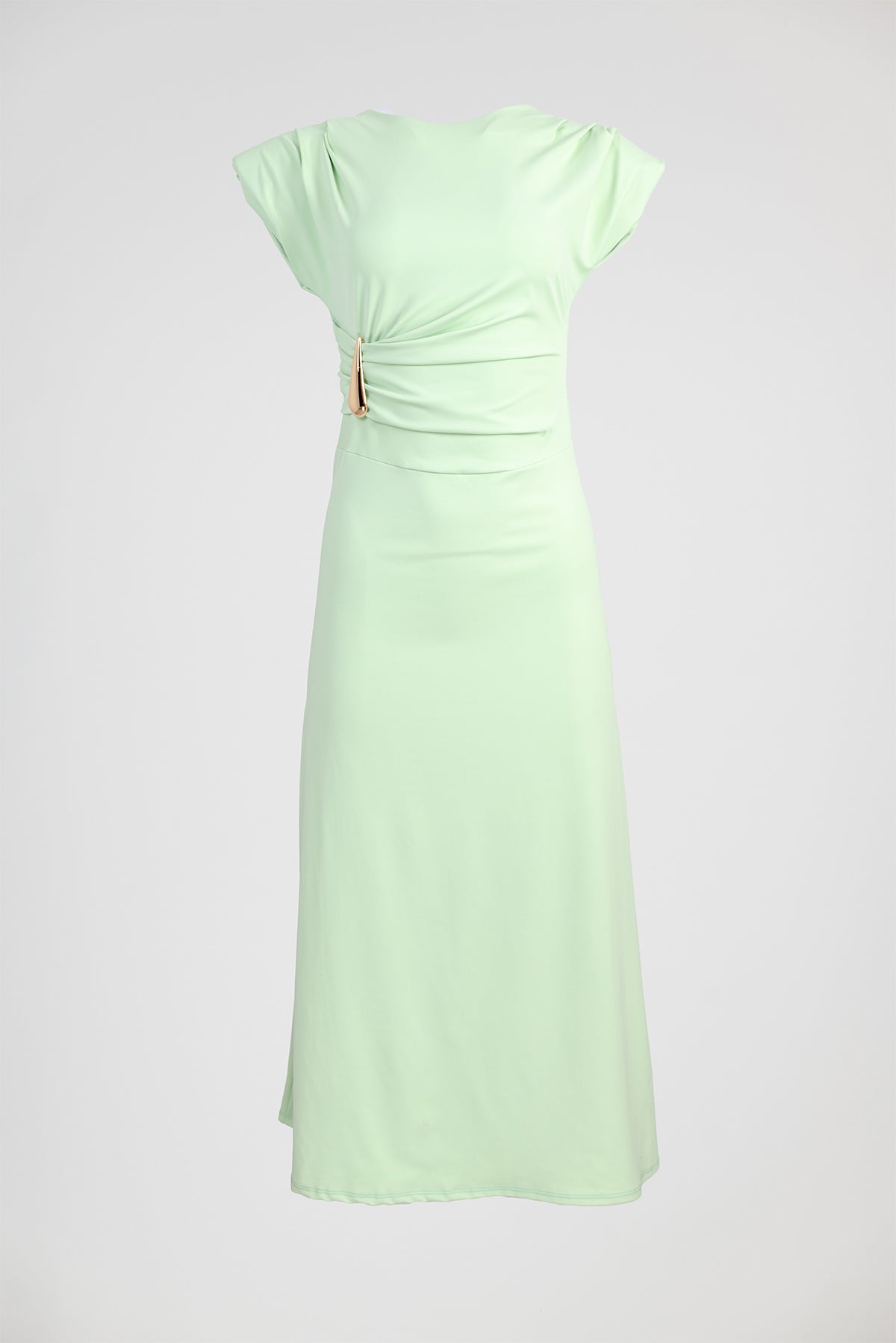 Дълга ментова рокля с драпирана талия и метален акцент - Mint Veil
