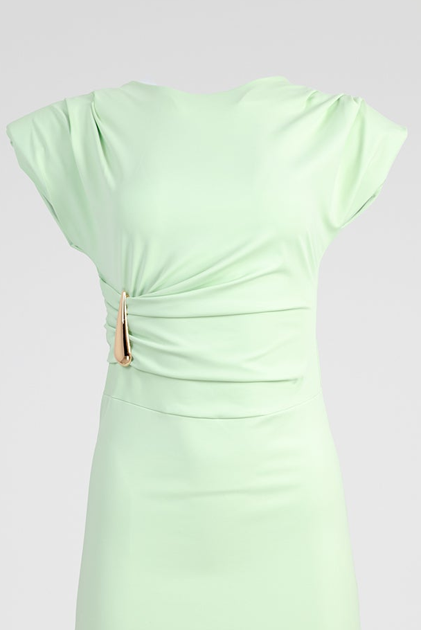 Дълга ментова рокля с драпирана талия и метален акцент - Mint Veil