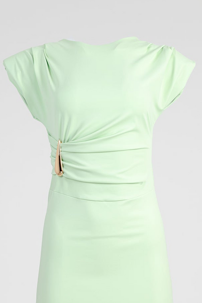 Дълга ментова рокля с драпирана талия и метален акцент - Mint Veil