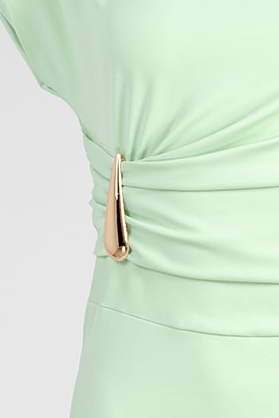 Дълга ментова рокля с драпирана талия и метален акцент - Mint Veil
