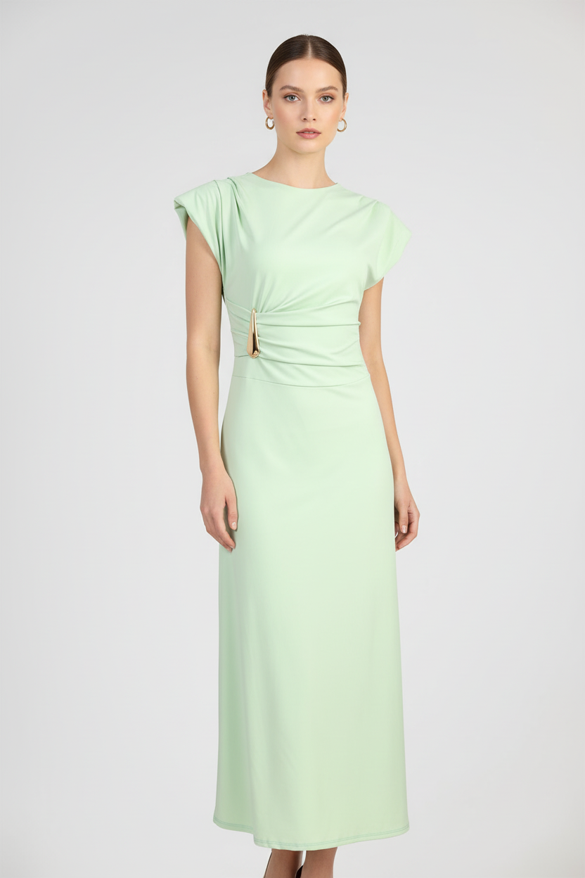 Дълга ментова рокля с драпирана талия и метален акцент - Mint Veil