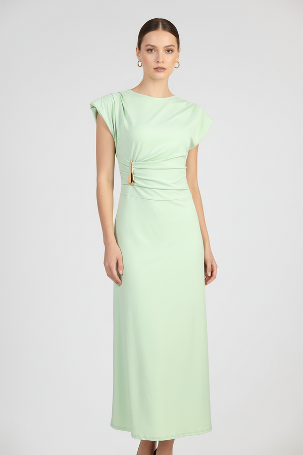 Дълга ментова рокля с драпирана талия и метален акцент - Mint Veil