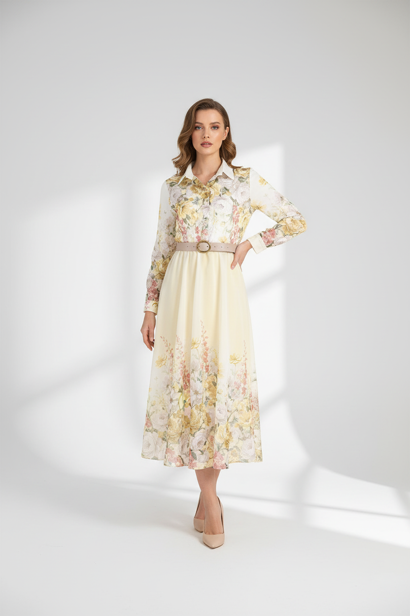 Дамска рокля от тенсел с флорален принт и колан - Flora Lumière