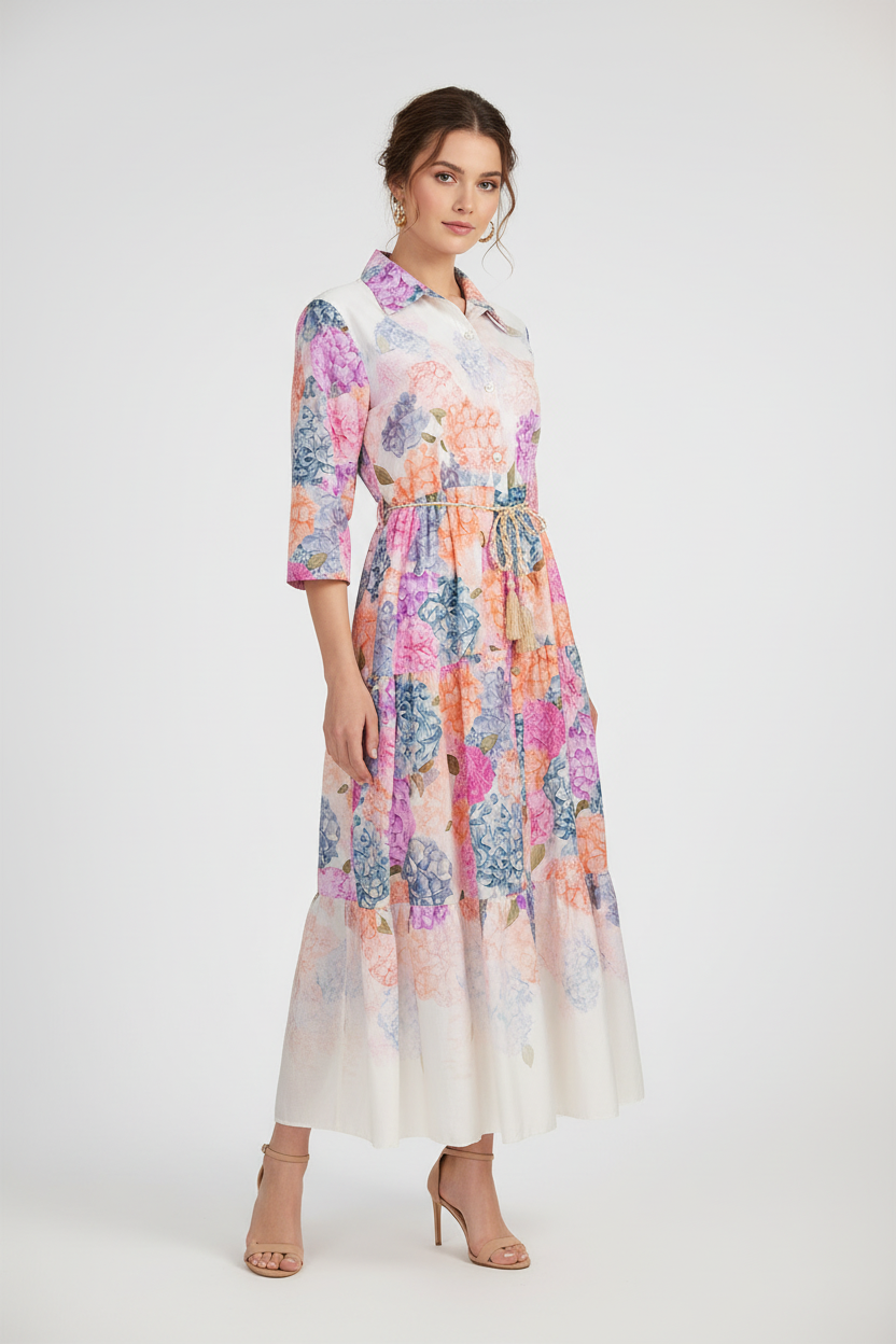 Дълга риза-рокля с флорален принт и колан Harmony