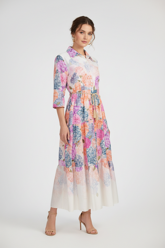 Дълга риза-рокля с флорален принт и колан Harmony