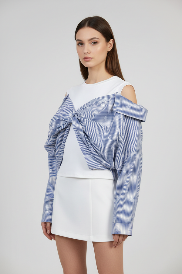 Къс топ с паднали рамене - Sky Stripe