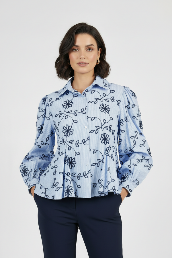 Дамска раирана риза с бродерия -  Blue Melody