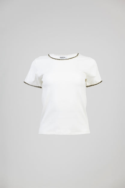 Дамска бяла тениска с декоративен кант - Gold Trim