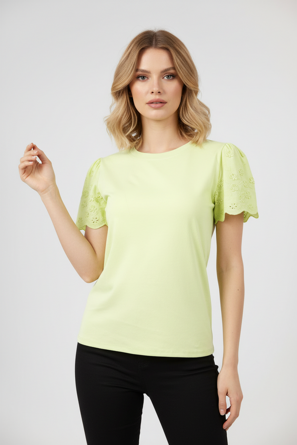Дамска зелена тениска с бродирани ръкави от памук – Soft Tоuch