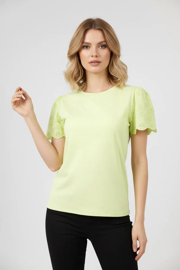 Дамска зелена тениска с бродирани ръкави от памук – Soft Tоuch
